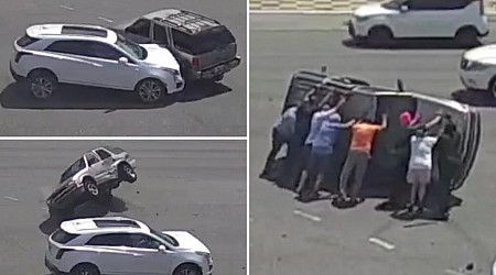 8 good Samaritans pull over, band together to flip over SUV and rescue driver after crash: dramatic video