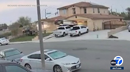 Video shows car go airborne before crashing into garage of Jurupa Valley home