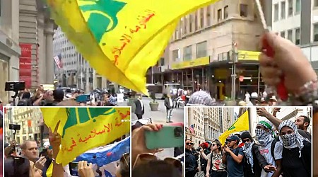 Anti-Israel protesters wave Hezbollah flag in NYC
