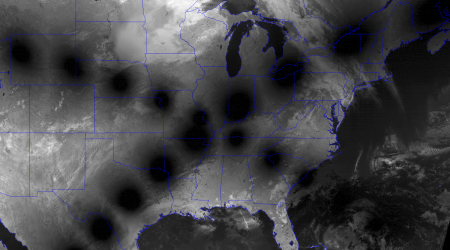 Satellite images overlay 2024 and 2017 total solar eclipses sweeping across US