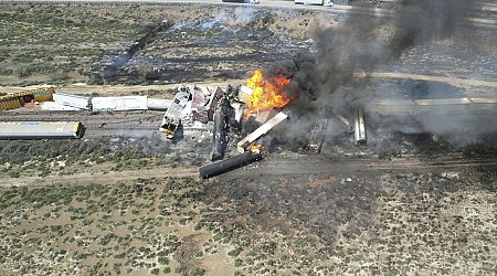 Fire still burning after freight train derails on Arizona-New Mexico state line