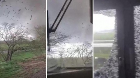 Il passaggio del tornado visto dalla carrozza motrice del treno: i vetri vanno in frantumi
