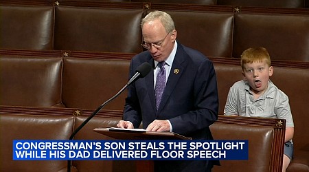 Congressman's son pulls funny faces behind dad during House floor speech | WATCH