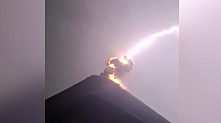 Lightning bolt strikes erupting volcano in Guatemala