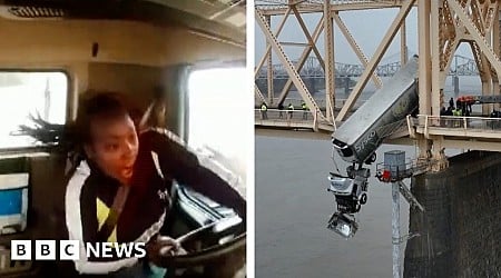 Video shows crash that left truck hanging off bridge