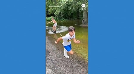 WATCH: No boat required: Kids wakeboard down flooded street in Louisiana