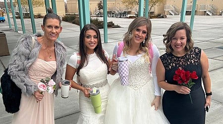 A school told its staff to wear something from the back of their closet, so 2 teachers dug out their wedding dresses