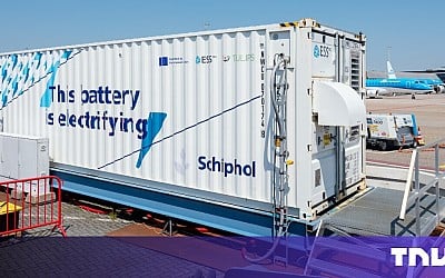 What is an iron flow battery and why is Schiphol Airport testing one?