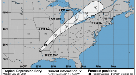 National Hurricane Center tracking Beryl after landfall, 3 tropical waves