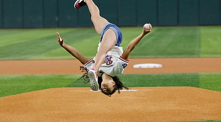 Gymnastics gold medalist Hezly Rivera flips, throws first pitch for Texas Rangers