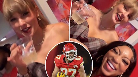 Taylor Swift photobombs Eras Tour poster in Chiefs suite