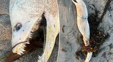 Ghoulish sea monster with creepy teeth washes ashore on beach