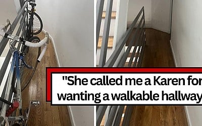 ‘Sorry this is an inconvenience for you’: Entitled resident refuses to remove bike from narrow communal hallway, neighbor forces her hand by turning to property manager