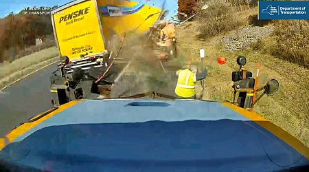 Terrifying video shows road worker survive close call on New York highway