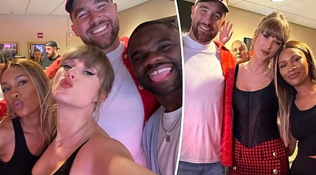 Taylor Swift and Travis Kelce pose with pals inside suite after Chiefs' win