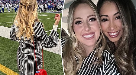 Brittany Mahomes pairs striped suit with hair bow at Chiefs vs. Bills game