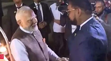 PM Narendra Modi lands in Guyana, received by President Irfaan Ali