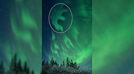 Extremely rare, black 'anti-auroras' paint luminous 'letter E' above Alaska