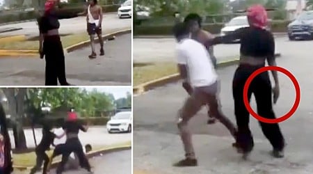 Enraged mom jumps into son's fist fight, pistol-whips kid in insane attack: video