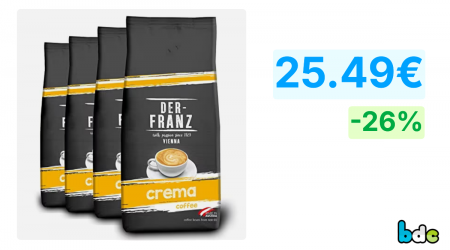 Der-Franz Crema Café, granos enteros, 4x1000g – 25.49€ – 26% descuento.