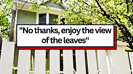 Neighbors demand resident cut down their trees because they 'block the view to other people's houses', resident purposely outgrows the trees as a response: 'Enjoy the view'