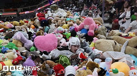 Moment over 100,000 teddy bears fly onto ice rink