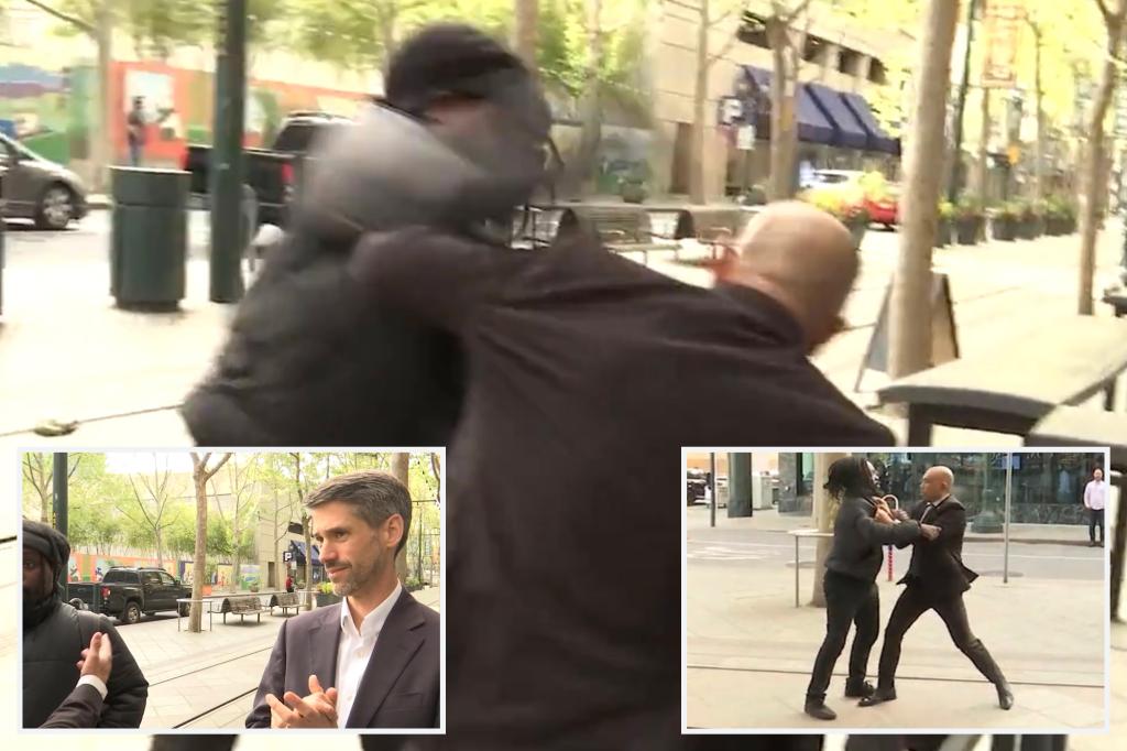 Guard for San Jose Mayor Matt Mahan and passerby get into fight during TV interview