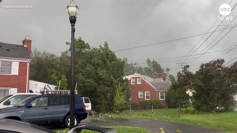 WATCH: Strong winds send debris and sparks flying amid tornado warning in Maryland