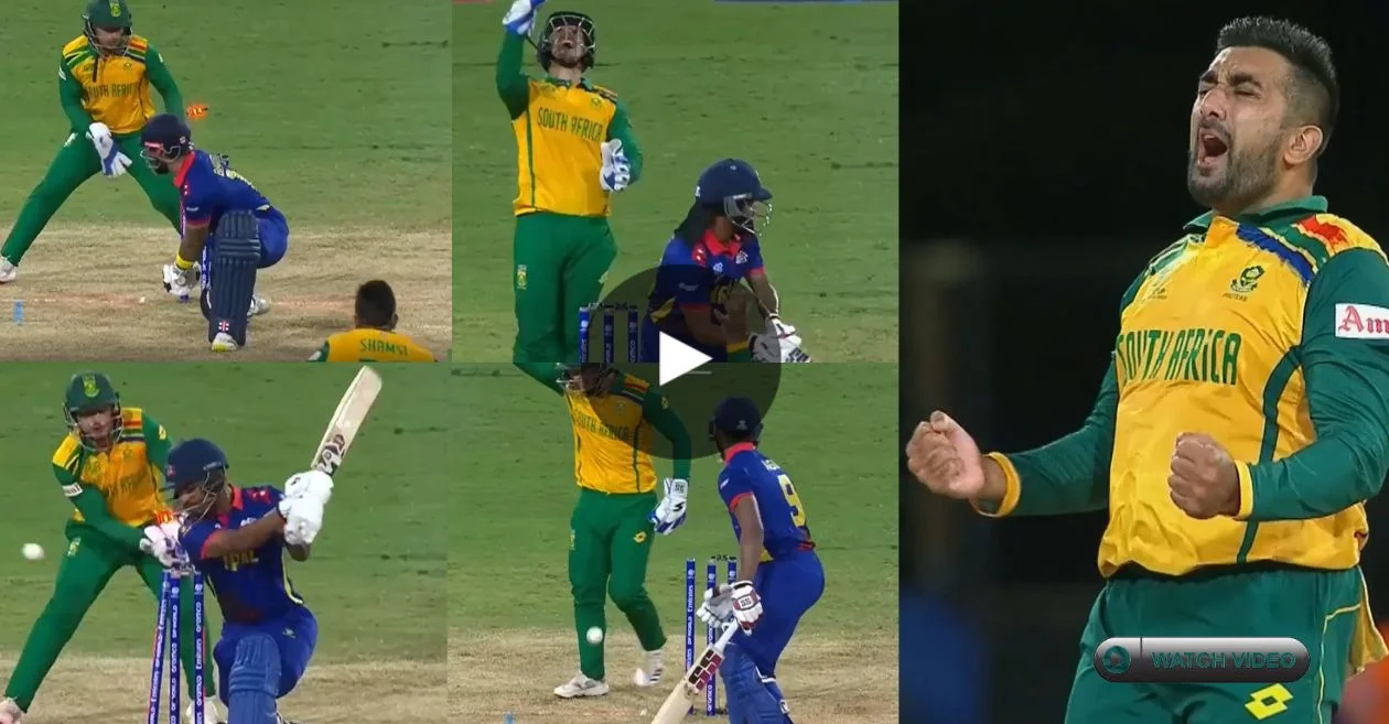 WATCH: Tabraiz Shamsi’s stunning four-wicket haul spell in South Africa’s victory over Nepal | T20 World Cup