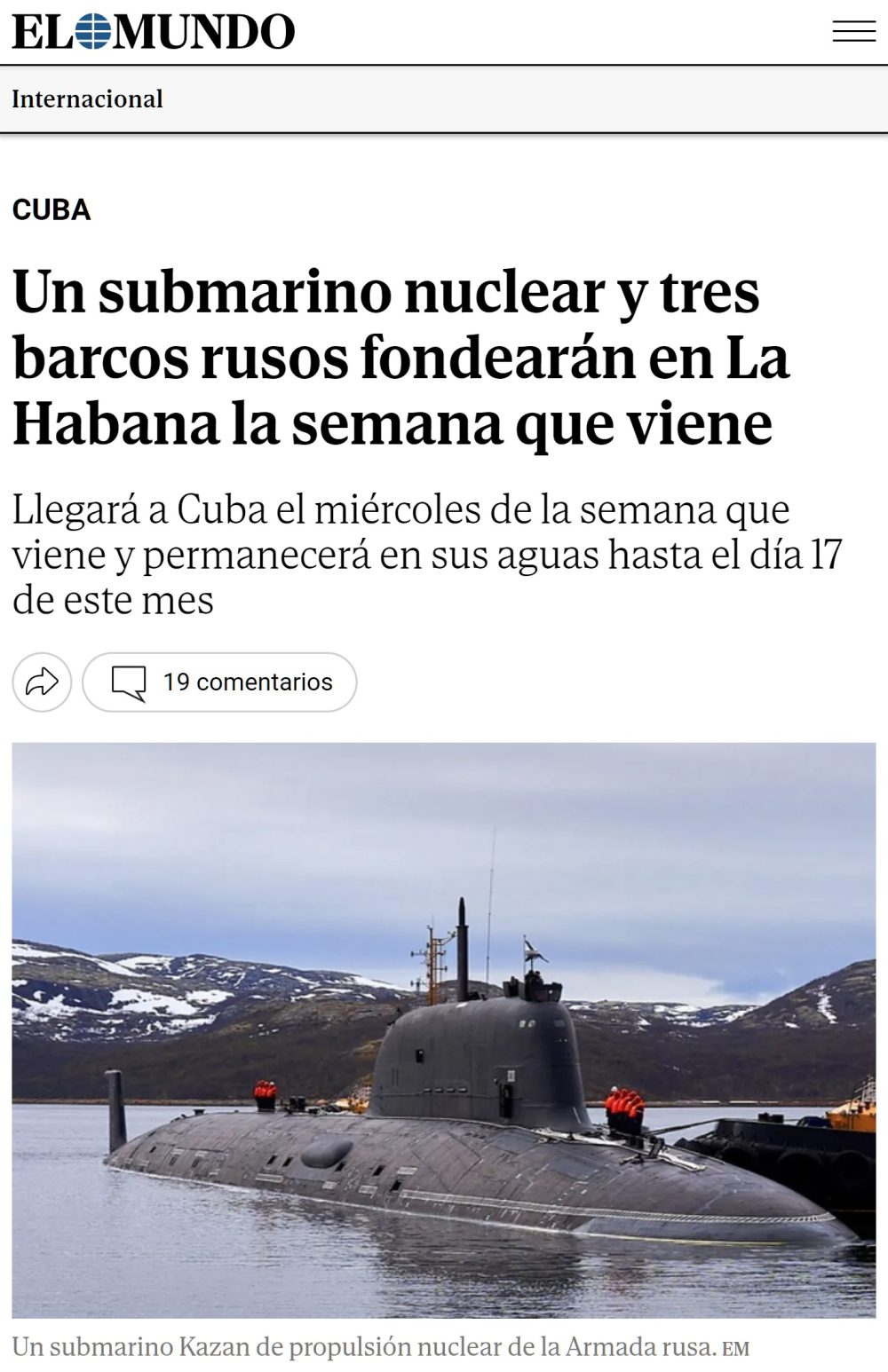 Putin manda un submarino nuclear a darse un paseo por Cuba.