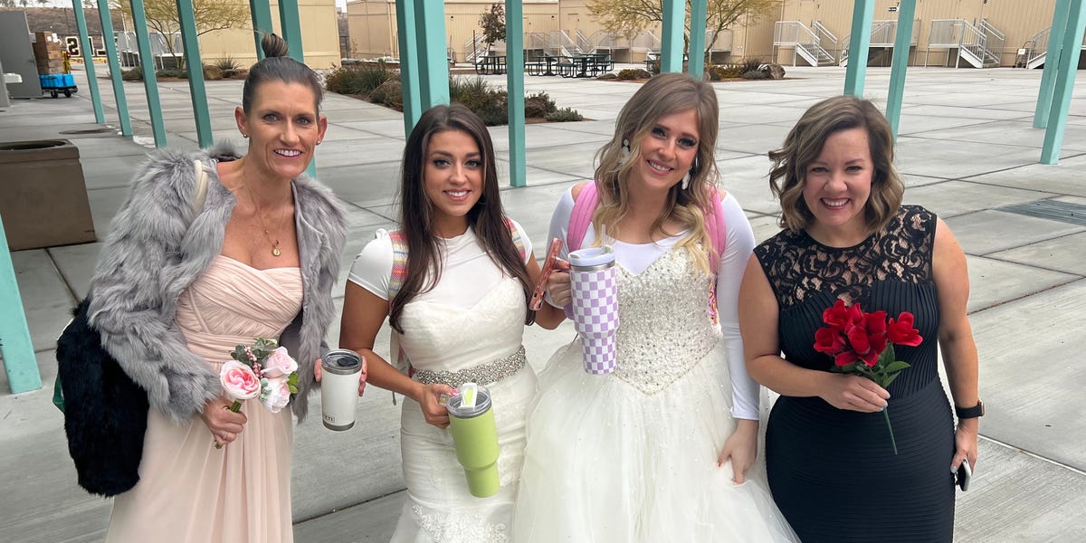 A school told its staff to wear something from the back of their closet, so 2 teachers dug out their wedding dresses