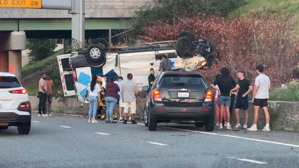 Ambulance involved in a rollover crash in Rhode Island. Reports indicate that a vehicle used to transport injured people will be needed [Scary]