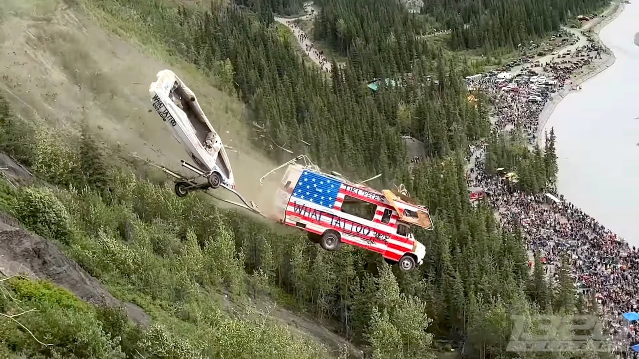 Incredible Footage of Cars Launching Off the Side of 300 Foot Alaskan Cliff on the 4th of July