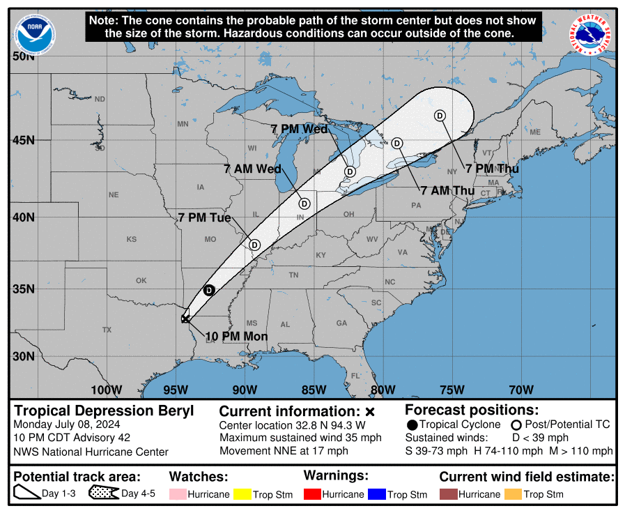 National Hurricane Center tracking Beryl after landfall, 3 tropical waves