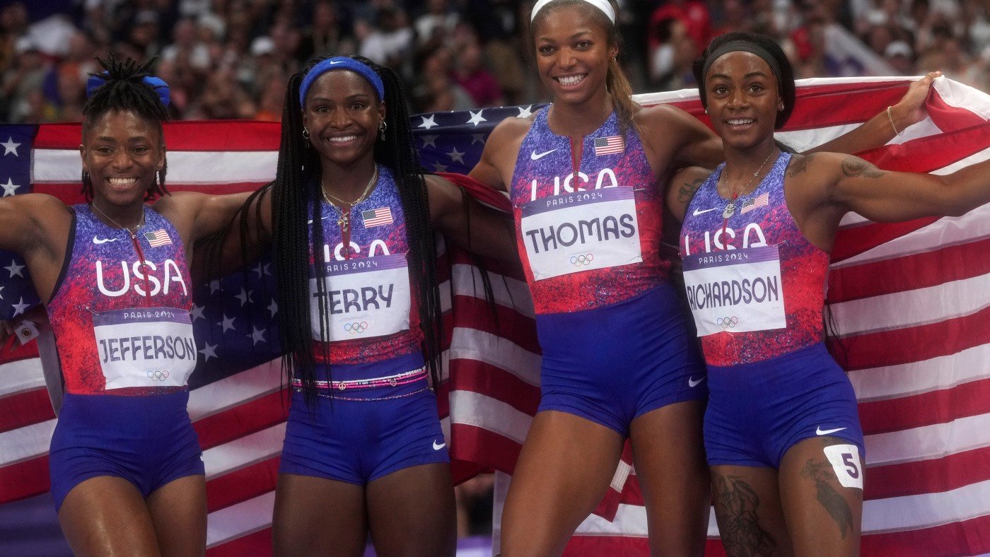 At Paris Olympics, U.S. women win 4x100-meter relay gold; men are disqualified