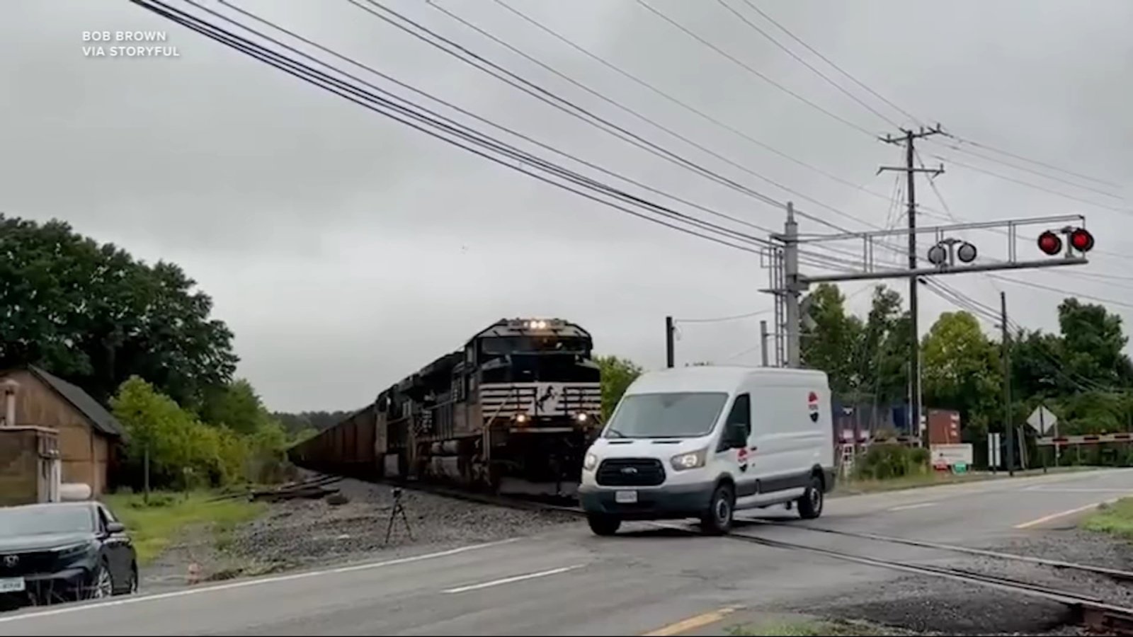 Heart-stopping moment van skids through railway barrier as train hurtles towards it | VIDEO