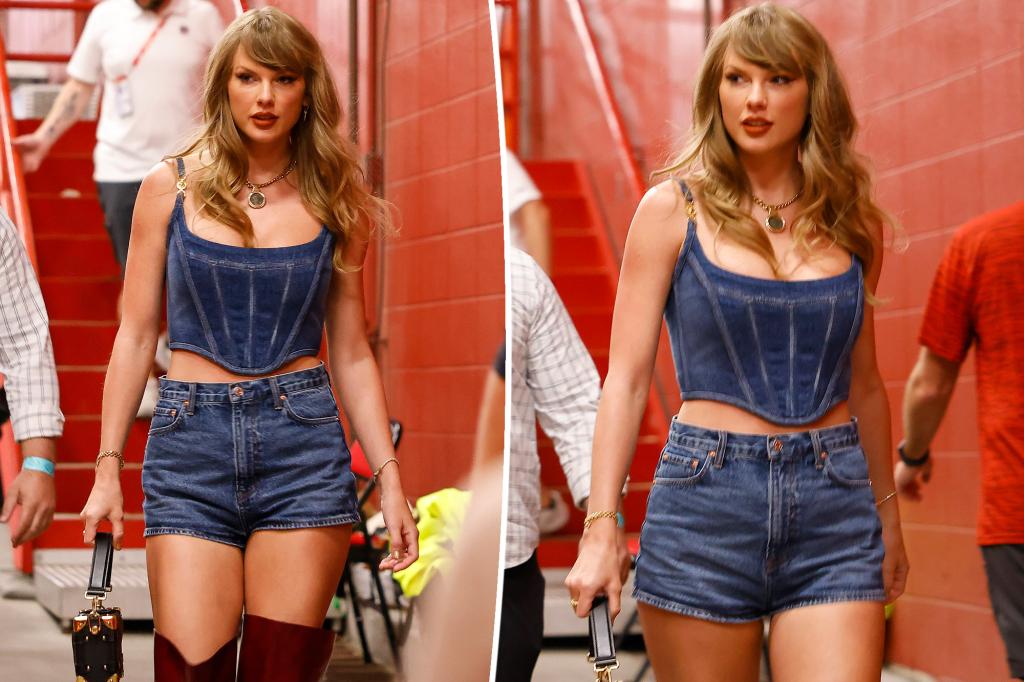 Taylor Swift rocks denim corset and thigh-high boots to cheer on Travis Kelce and Kansas City Chiefs