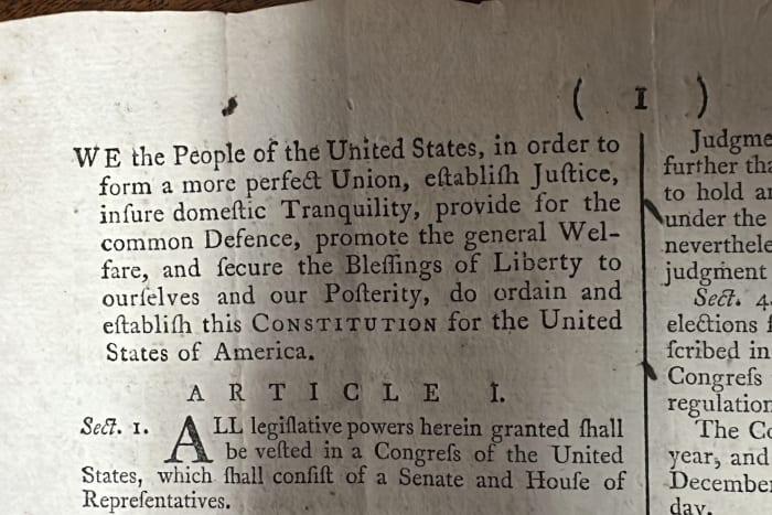 A rare 1787 copy of the US Constitution is up for auction and it could be worth millions