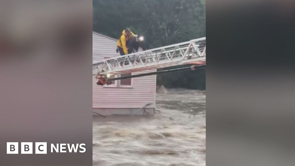 Firefighter crawls across ladder above floods to save woman