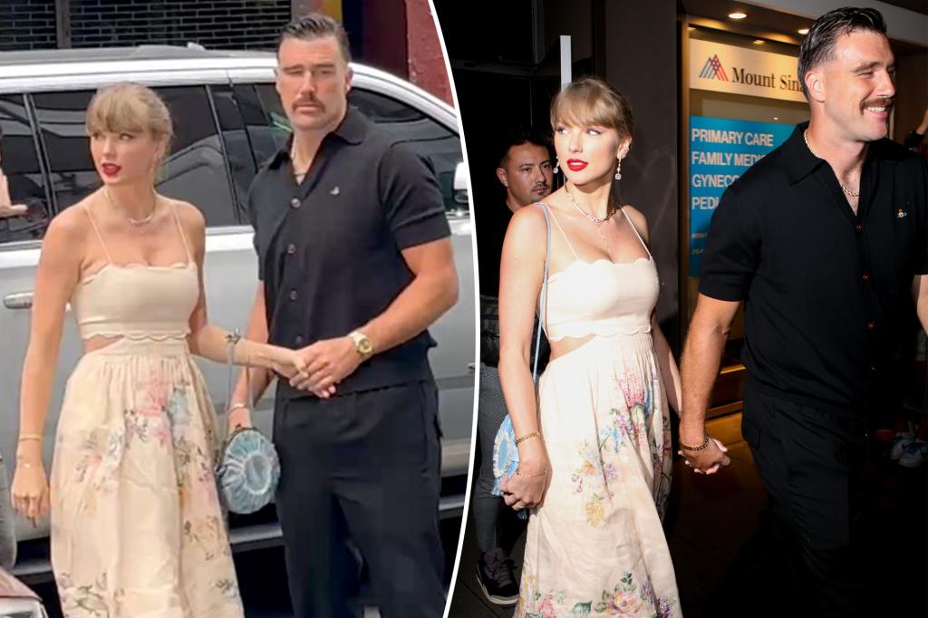 Taylor Swift and Travis Kelce coordinate in Vivienne Westwood for Karen Elson's wedding