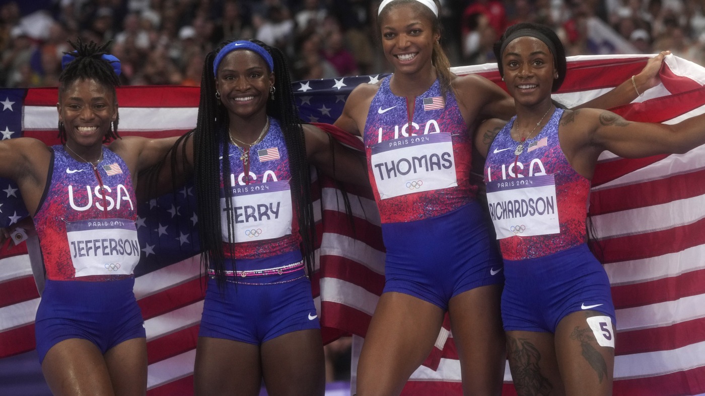 At Paris Olympics, U.S. women win 4x100-meter relay gold; men are disqualified