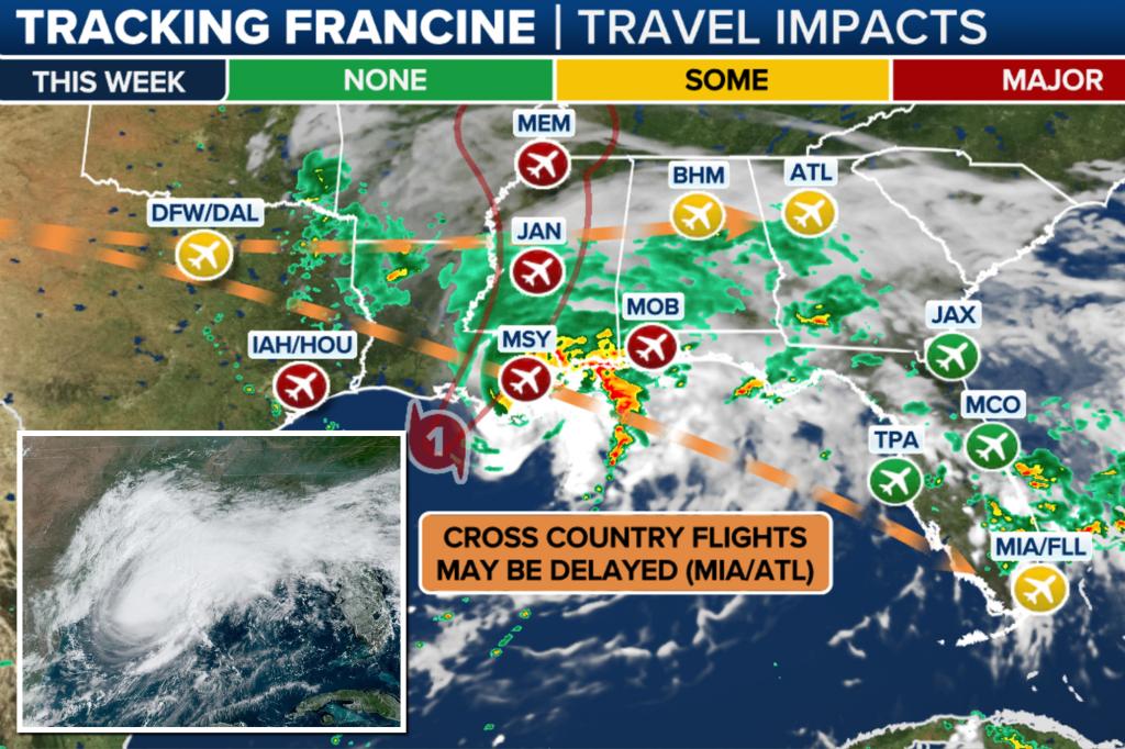 Hurricane Francine causing cancellations across Gulf Coast airline, cruise travel