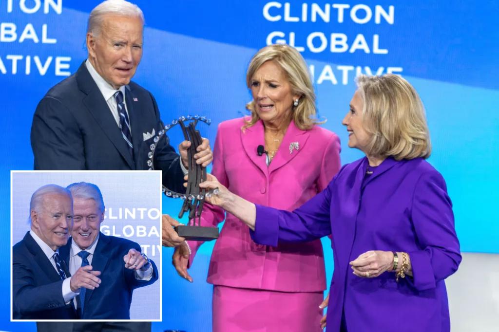 Joe Biden tells Hillary Clinton 'I love you' after being 'trapped' by wife Jill into giving NYC speech