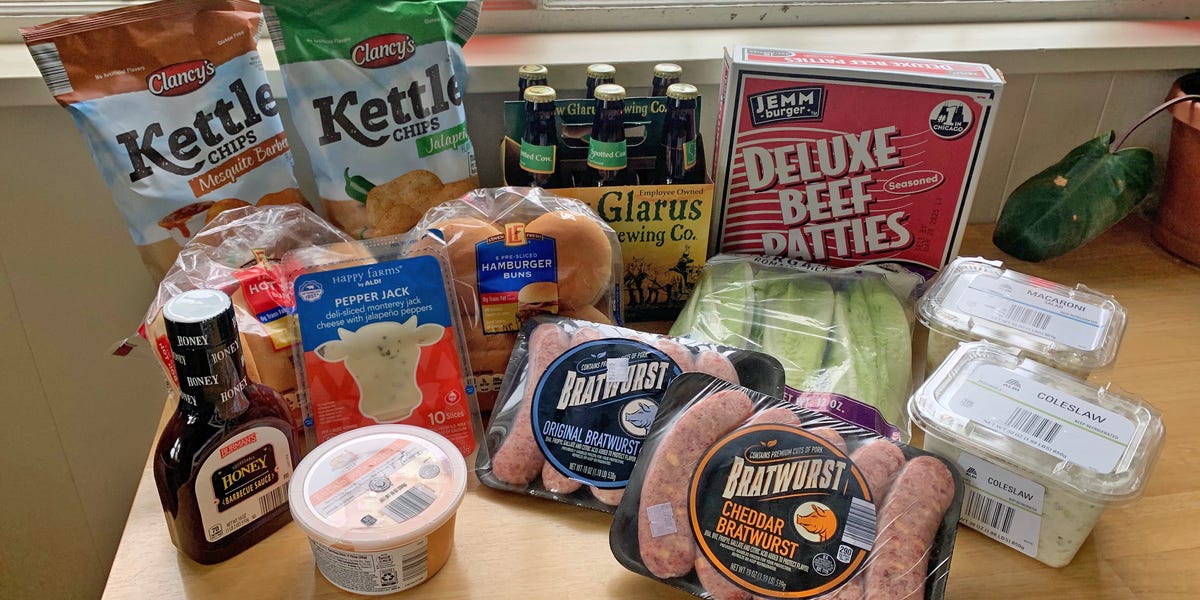 I spent $50 at Aldi to host a barbecue for 4 people. My budget got us plenty of meat and sides, plus a case of beer.