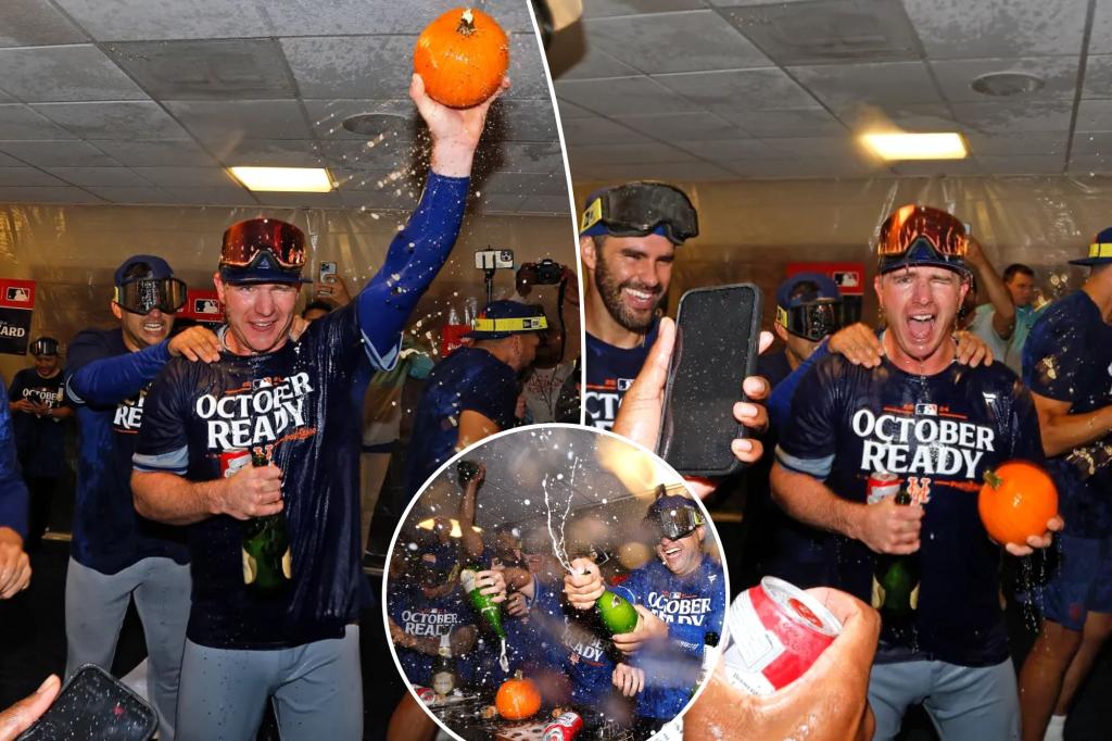 Mets' Pete Alonso goes crazy in champagne celebration with 'playoff pumpkin'