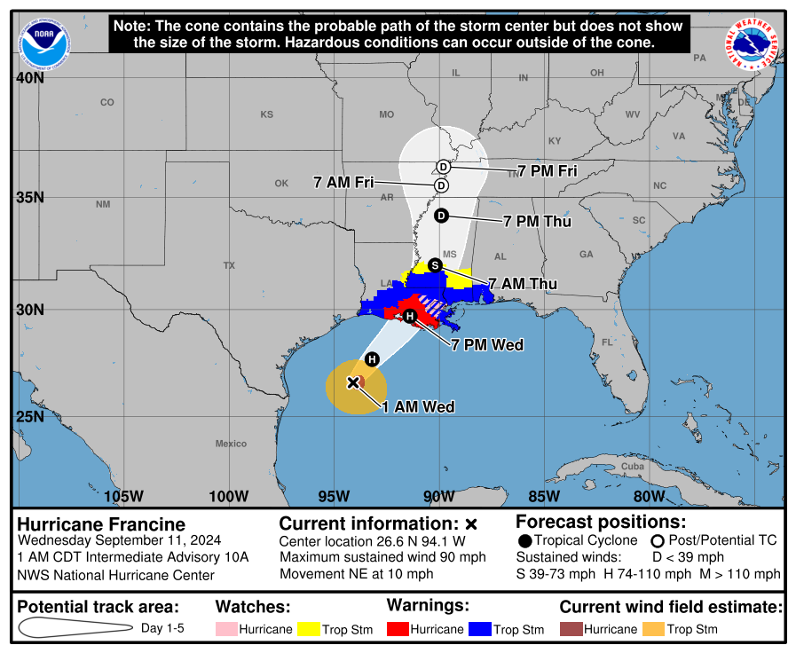 Hurricane Francine strengthens overnight, could be near Category 2 at landfall. Florida impacts