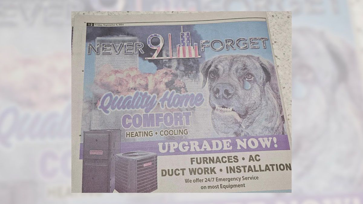 West Virginia Newspaper Ran 'Never Forget 9/11' Ad for HVAC Company Featuring Crying Dog?