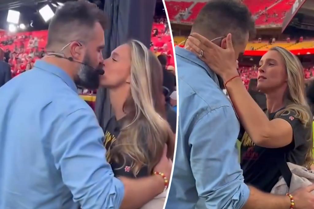 Jason Kelce shows PDA with wife Kylie on sidelines at Chiefs game