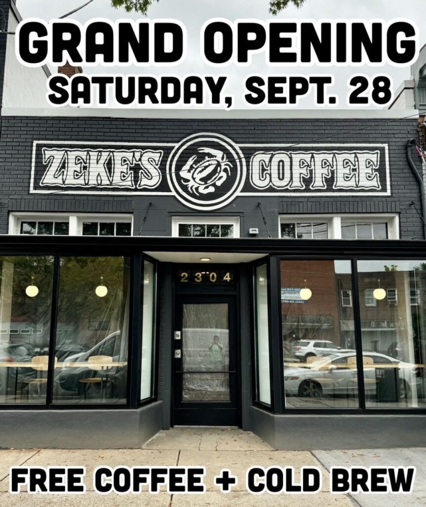 Zeke’s Coffee “grand opening of our expanded Rhode Island Ave roastery + cafe”