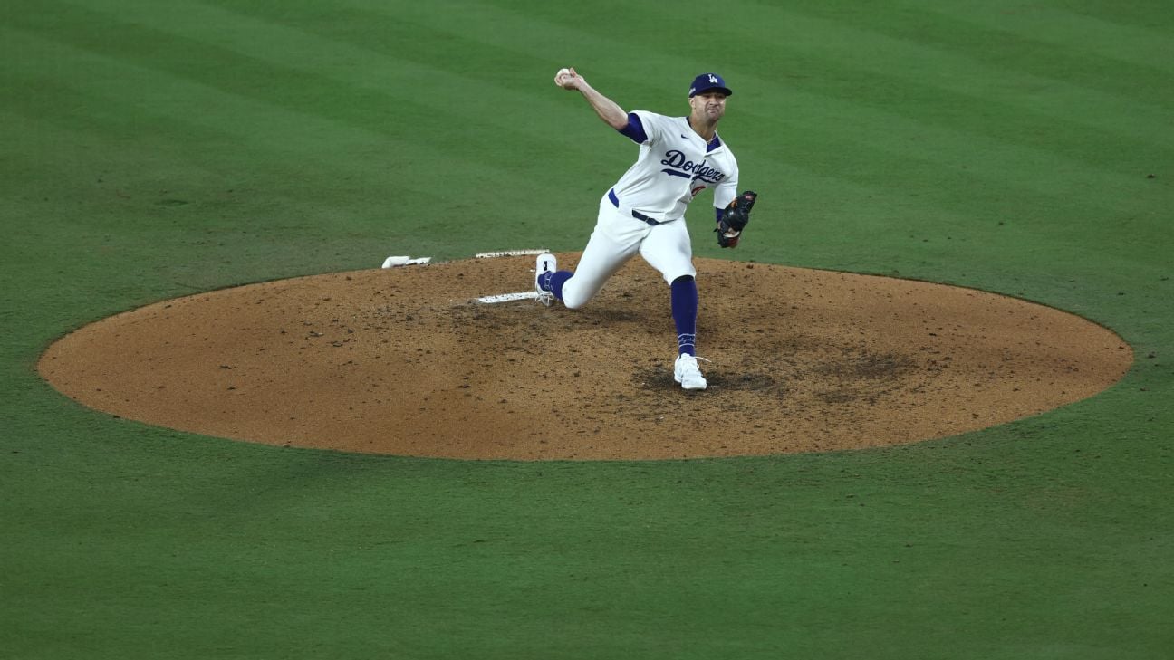 Dodgers tie scoreless innings mark, rip Mets in G1